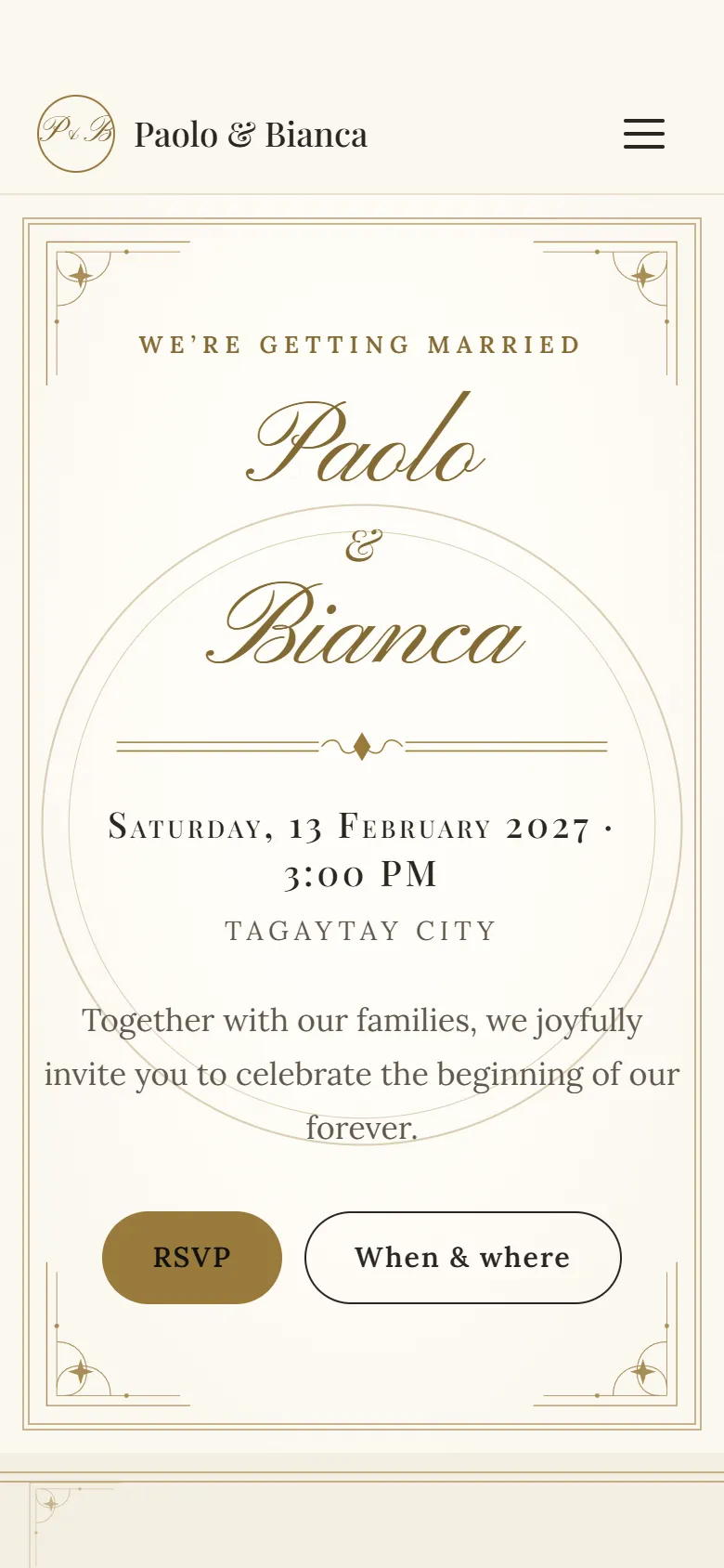 A wedding website in the Ivory & Gold theme on a phone: Paolo & Bianca, Saturday, 13 February 2027.